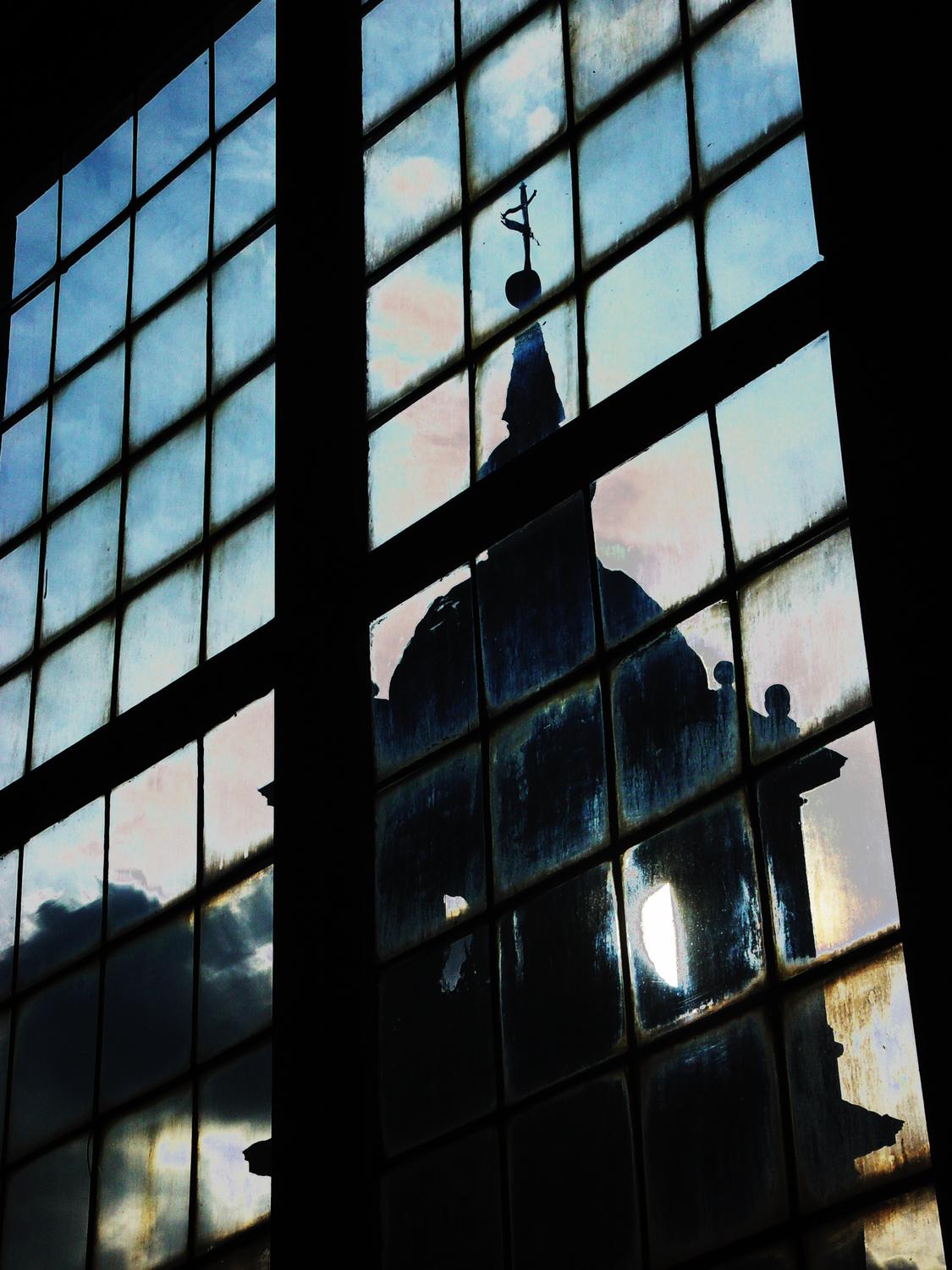 reflections of a tower on the window of El Escorial in Spain - At El Escorial - Techno-Impressionist Museum - Techno-Impressionism - art - beautiful - photo photography picture - by Tony Karp